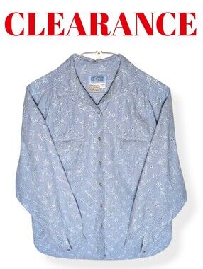 QPS Vintage Chambray Shirt Blue Long Sleeve Medium Embroidered Eyelet Button-Up
